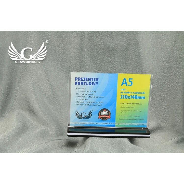 Prezenter akrylowy na kartkę A5 POZIOM (210x148mm) - model PR010