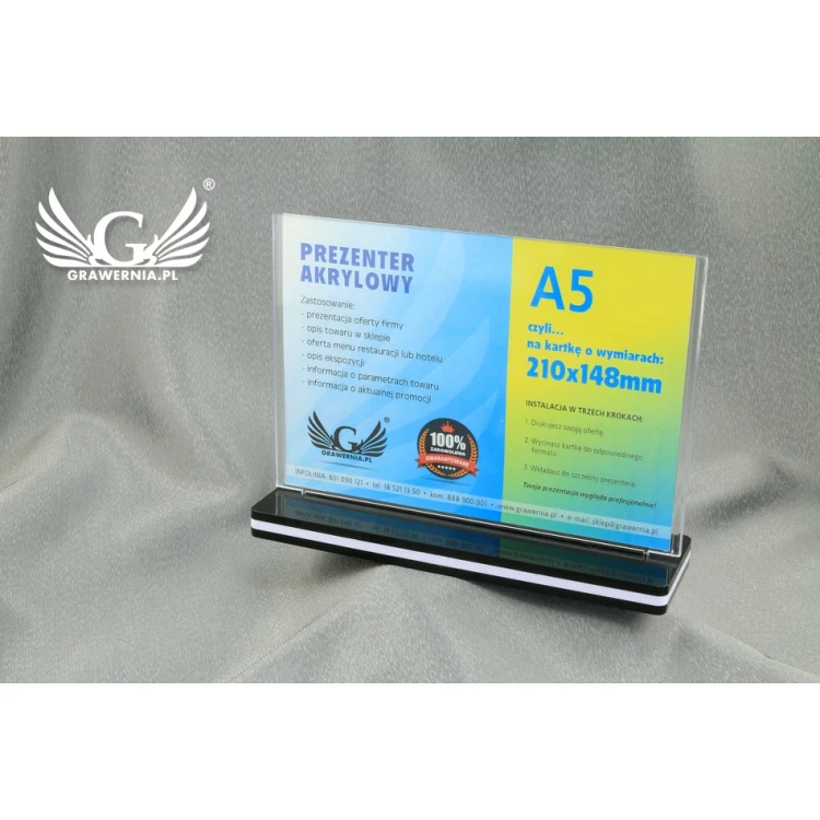 Prezenter akrylowy na kartkę A5 POZIOM (210x148mm) - model PR010