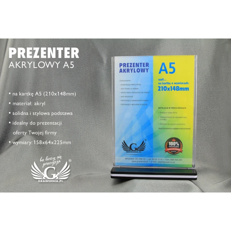Prezenter akrylowy na kartkę A5 PION (210x148mm) - model PR012