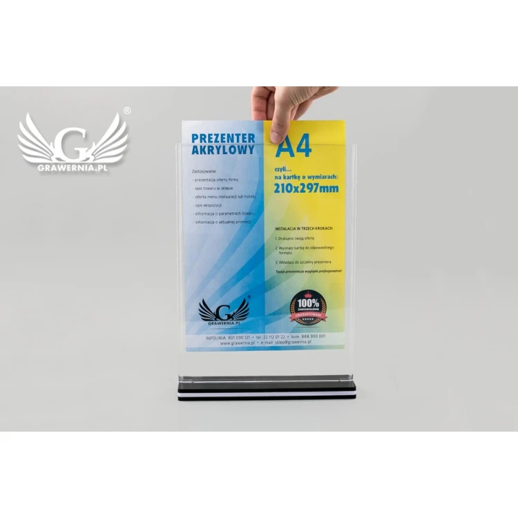 Stojak, ekspozytor plastikowy na kartkę o wym. 210x297mm (A4) - model PR019
