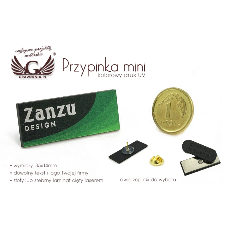 Przypinki/Pinsy mini z Twoim logo - kolorowy druk UV - wym. 35x14mm - PS012