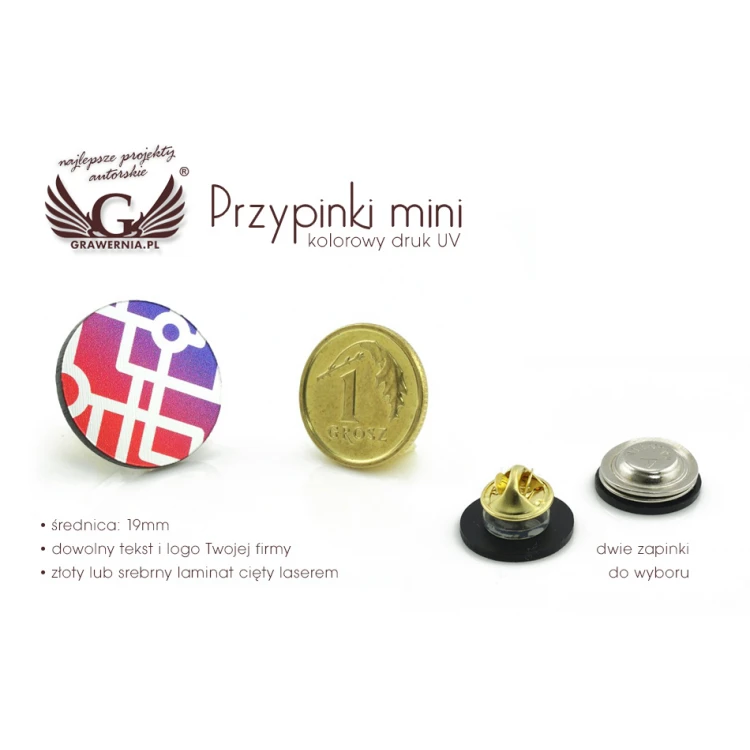 Przypinki/Pinsy mini z Twoim logo - kolorowy druk UV - śr.19mm - PS013