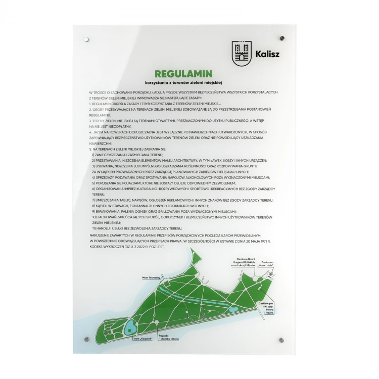 Regulamin - szyld z pleksi transparentnej gr. 5mm z nadrukiem UV - SZ180 - wym. 500x900mm 