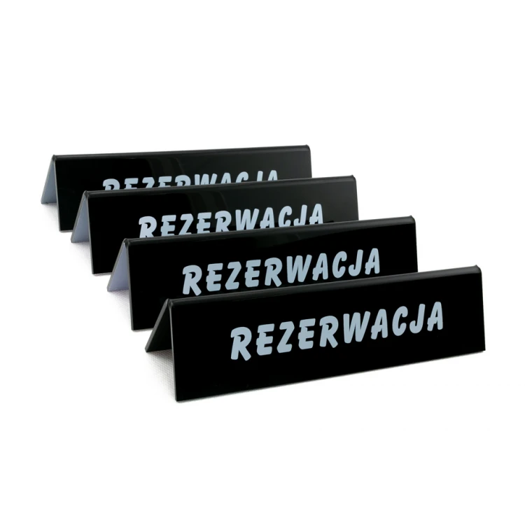 Rezerwacja - stojak akrylowy z dowolnym napisem - wym. 210x50mm - czarny akryl - REZ006