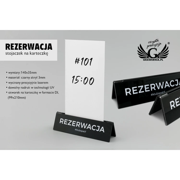 Rezerwacja - stojak na karteczkę - wym. 140x35mm - czarny akryl - REZ010