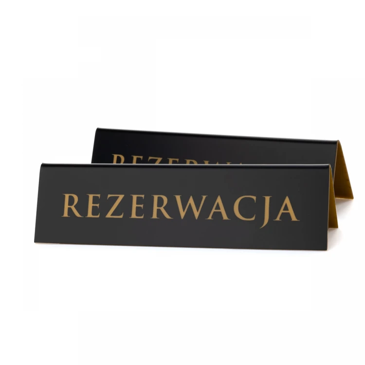 Rezerwacja - stojak na stolik - wym. 200x55mm - czarny laminat grawerski ze złotym grawerem - REZ019 