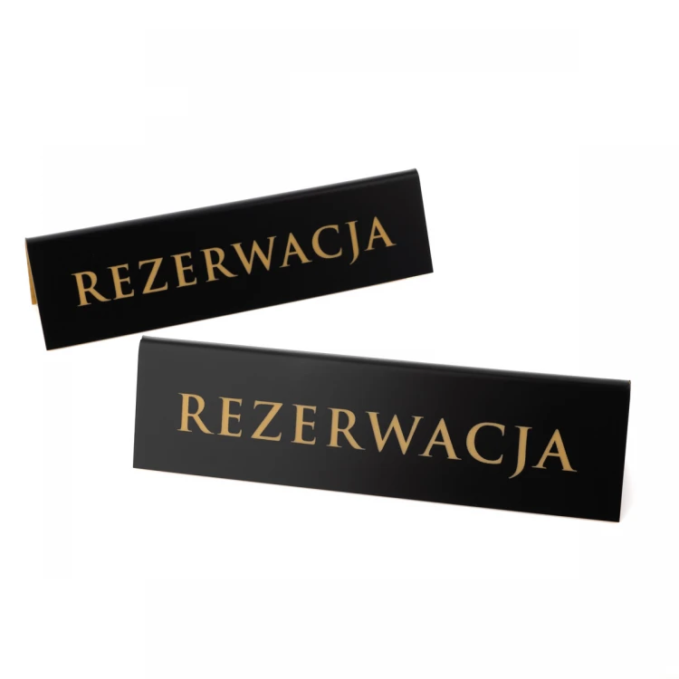 Rezerwacja - stojak na stolik - wym. 200x55mm - czarny laminat grawerski ze złotym grawerem - REZ019 