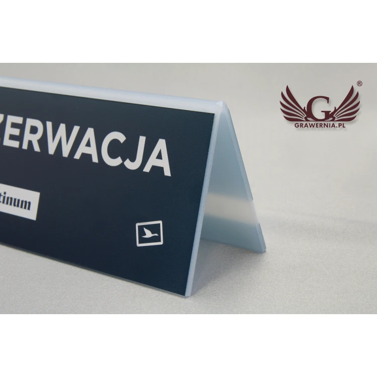 Rezerwacja - stojak z dowolnym napisem - wym. 150x65mm - szroniony akryl - druk UV - REZ007