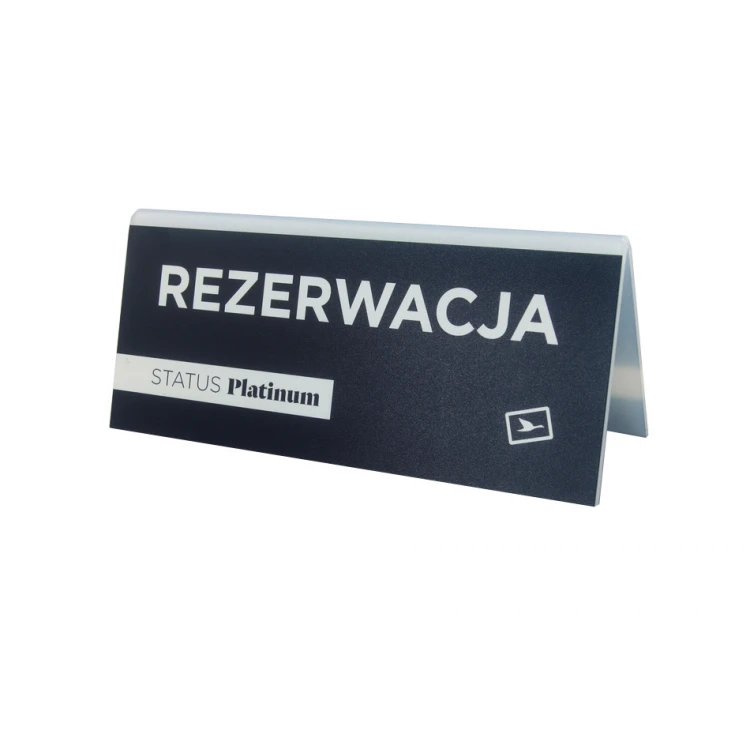 Rezerwacja - stojak z dowolnym napisem - wym. 150x65mm - szroniony akryl - druk UV - REZ007