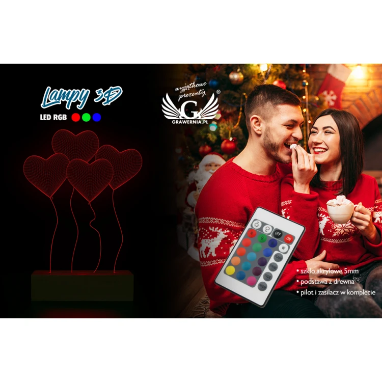 Serca - walentynkowa lampa 3D LED RGB sterowana z pilota - L3D011