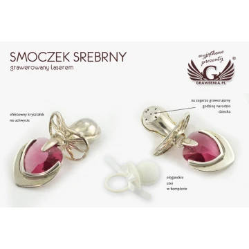 Smoczek srebrny z różowym kryształkiem - wzór SRB026 - Pamiątka Chrztu Świętego
