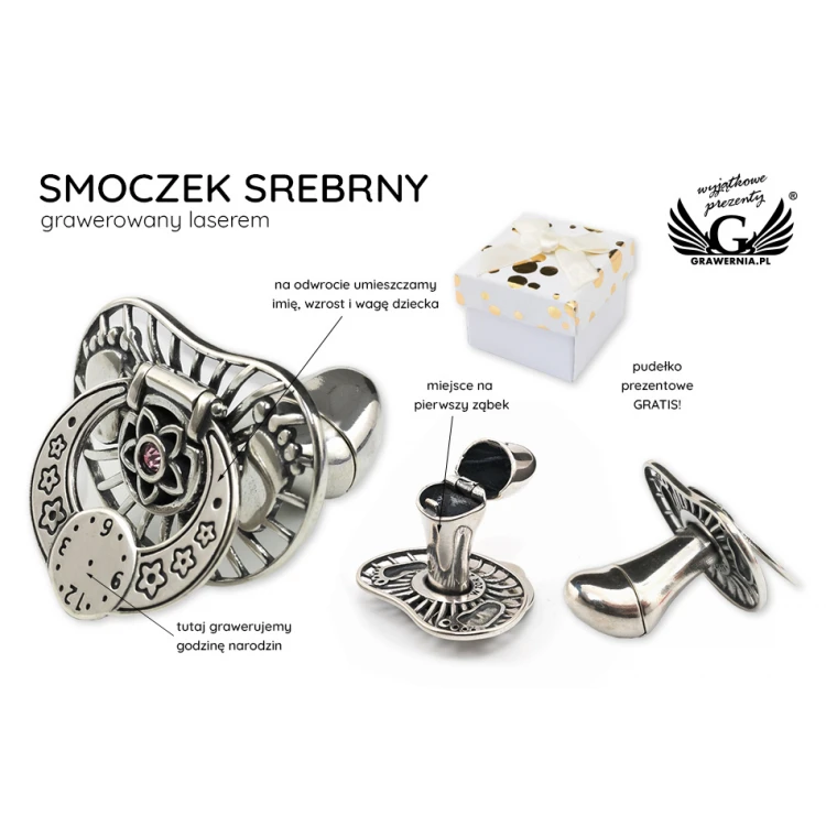 Smoczek srebrny ze schowkiem na ząbek mleczny - wzór SRB028 - Pamiątka Chrztu Świętego