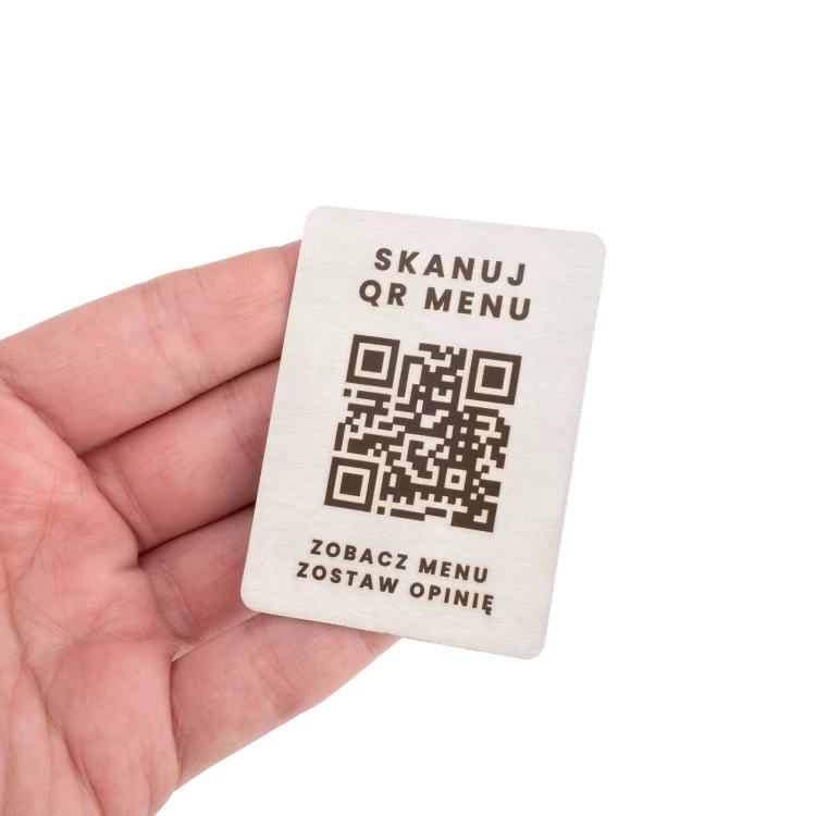 Stalowe menu z kodem QR - grawer laserowy - wym. 45x60mm - MEN031
