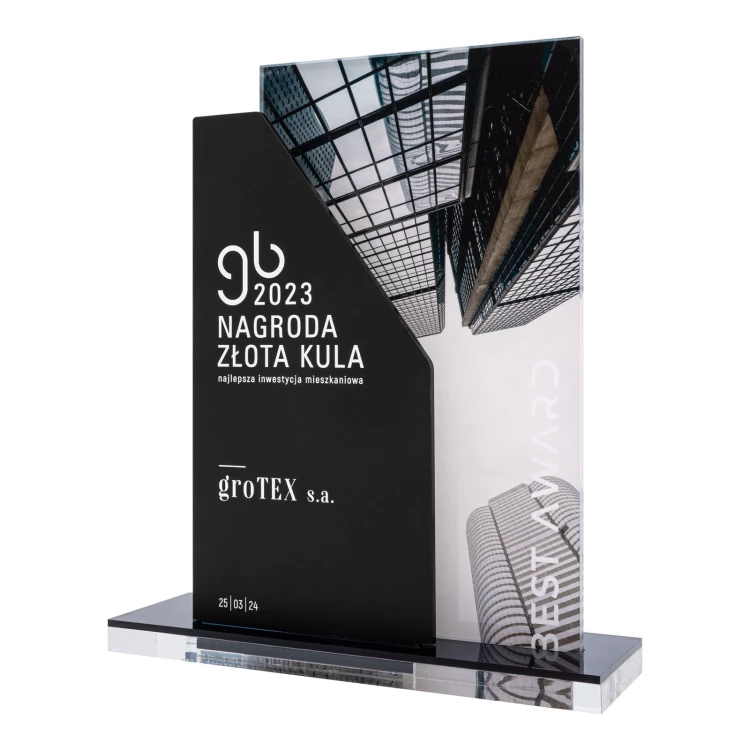 Nagroda biznesowa z nadrukiem UV - grafitowy akryl lustrzany - wys. 24 cm - DTA140