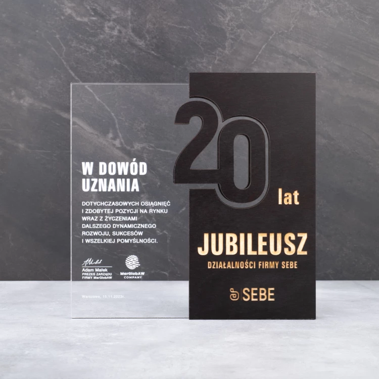 Statuetka akrylowa z drewnianymi elementami - jubileuszowa nagroda dla firmy - wys. 20,8cm - DTA105
