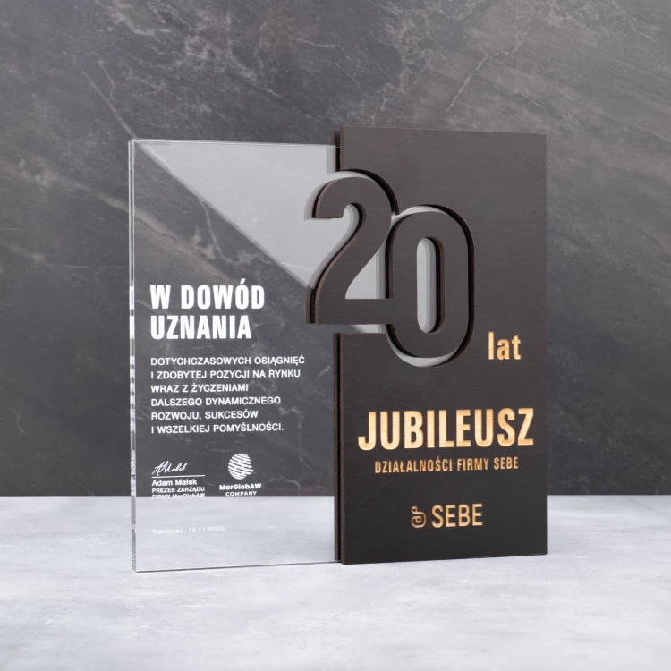 Statuetka akrylowa z drewnianymi elementami - jubileuszowa nagroda dla firmy - wys. 20,8cm - DTA105