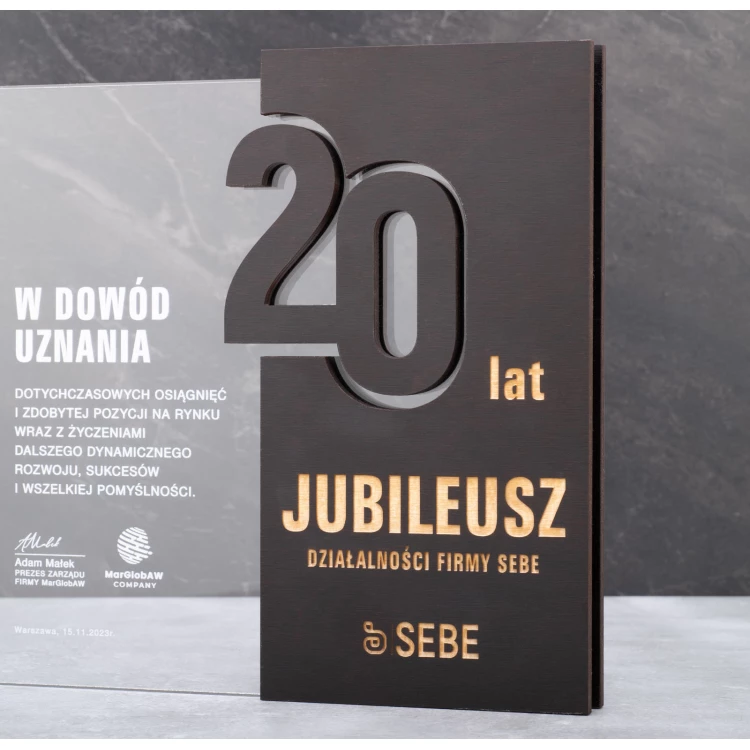 Statuetka akrylowa z drewnianymi elementami - jubileuszowa nagroda dla firmy - wys. 20,8cm - DTA105