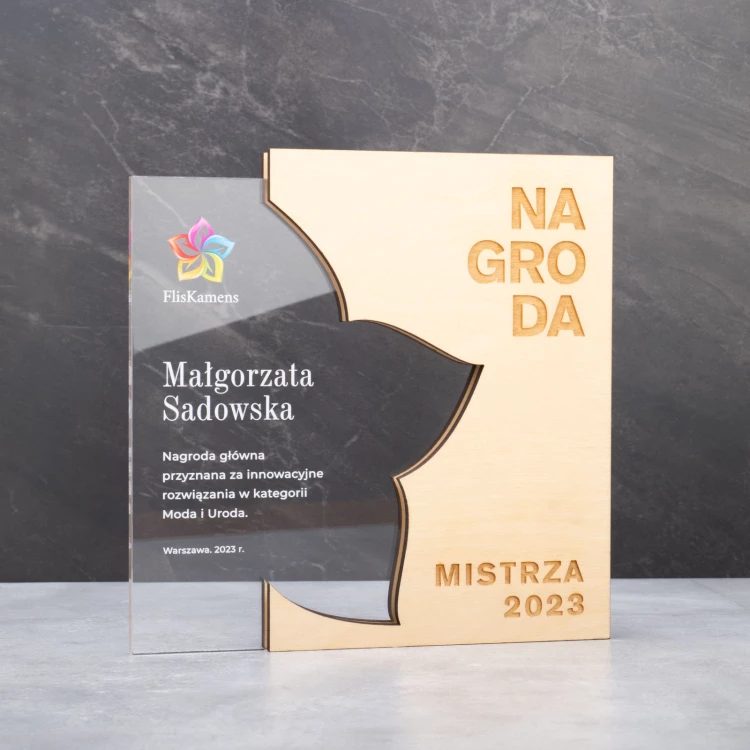 Statuetka akrylowa z drewnianymi elementami - jubileuszowa nagroda dla firmy - wys. 20,8cm - DTA106