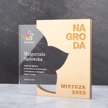 Statuetka akrylowa z drewnianymi elementami - jubileuszowa nagroda dla firmy - wys. 20,8cm - DTA106