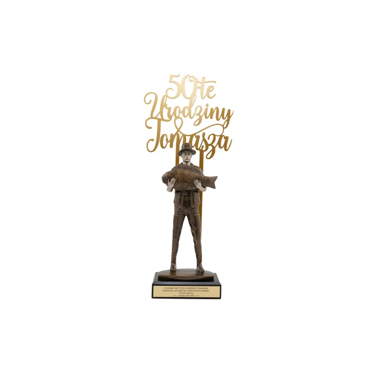Statuetka Wędkarz - atrakcyjna figurka odlewana z akrylowym napisem  - wys. 42,8cm - FOL051