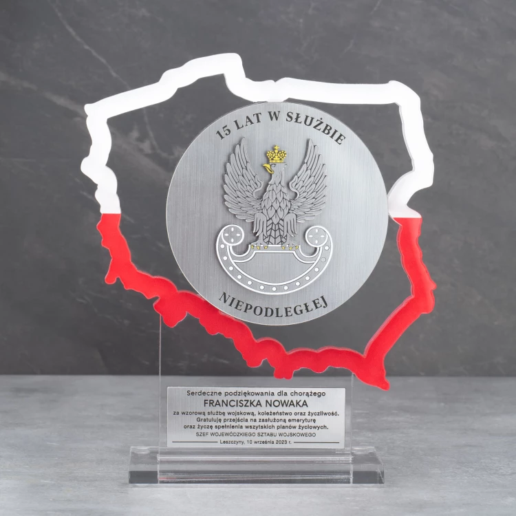 Statuetka Polska z transparentnej plexi - Podziękowanie za służbę wojskową - DTA093 - wys. 21cm