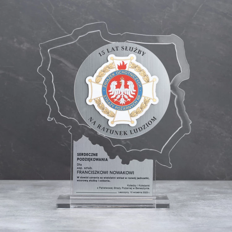 Statuetka Polska z transparentnej plexi - Podziękowanie za służbę w OSP - DTA094 - wys. 21cm