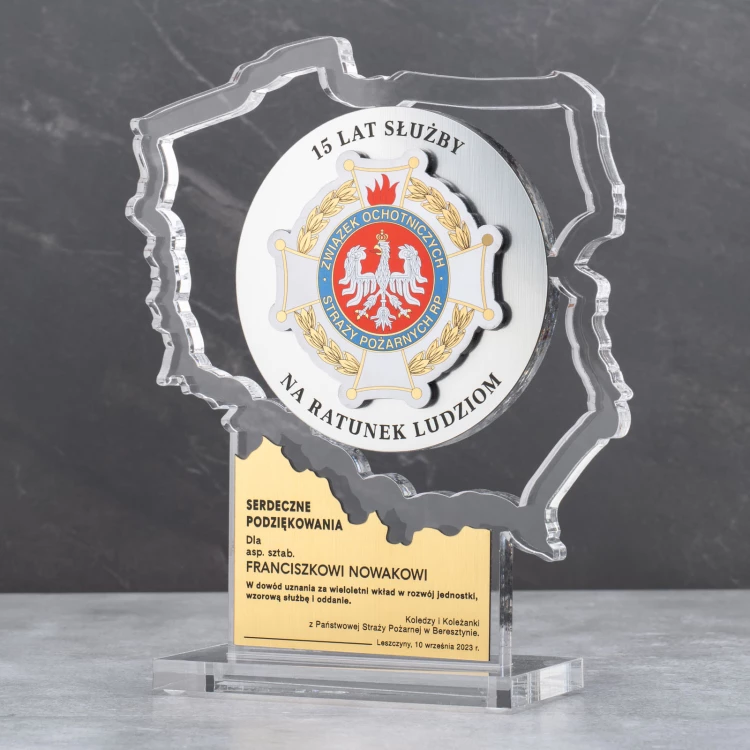 Statuetka Polska z transparentnej plexi - Podziękowanie za służbę w OSP - DTA094 - wys. 21cm