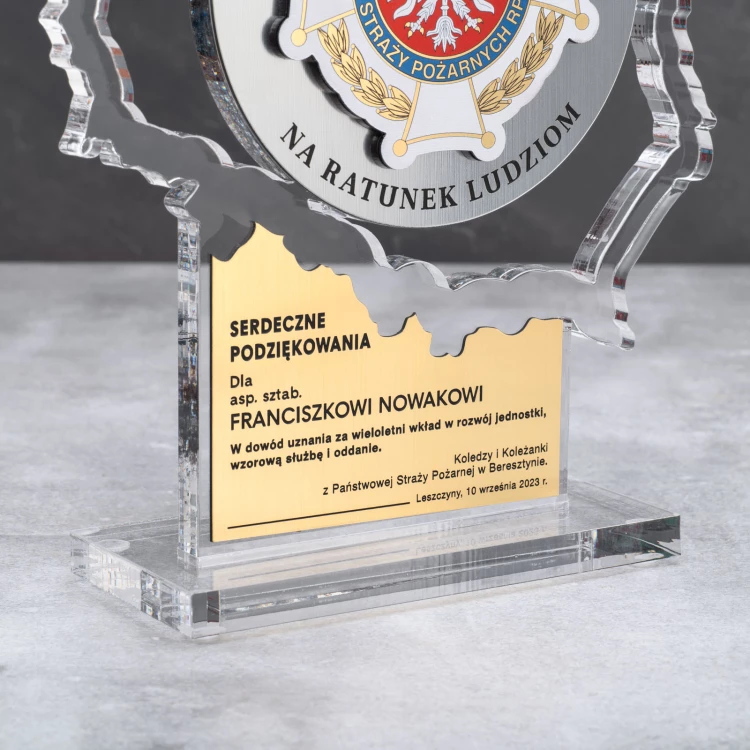 Statuetka Polska z transparentnej plexi - Podziękowanie za służbę w OSP - DTA094 - wys. 21cm