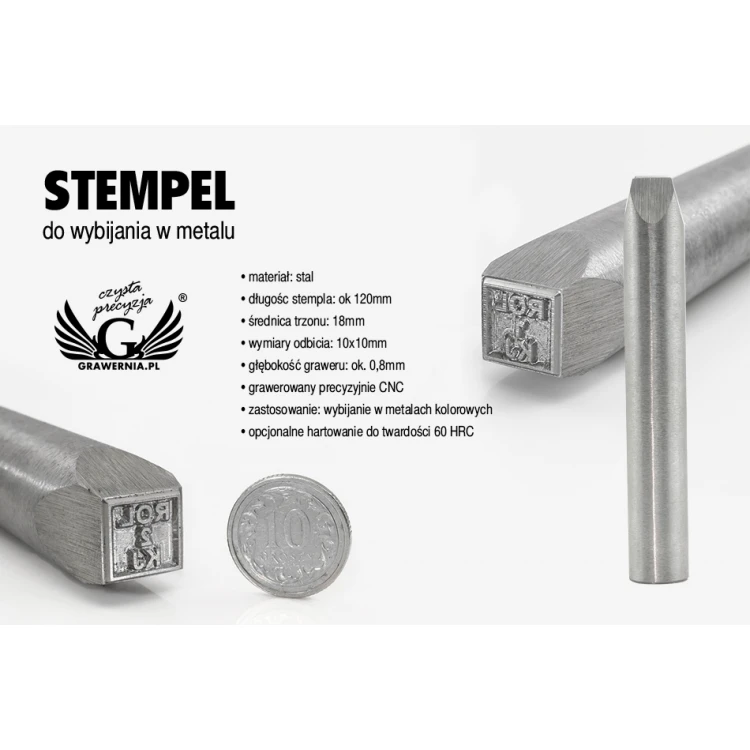 Stempel ze stali do wybijania w metalu - wymiary odbicia 10x10mm - CNC068