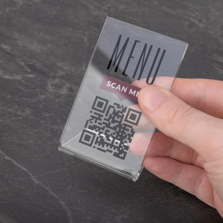Stojaczek Menu z kodem QR - transparentna plexi - wym. 55x90mm - ST053