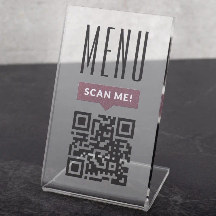 Stojaczek Menu z kodem QR - transparentna plexi - wym. 55x90mm - ST053