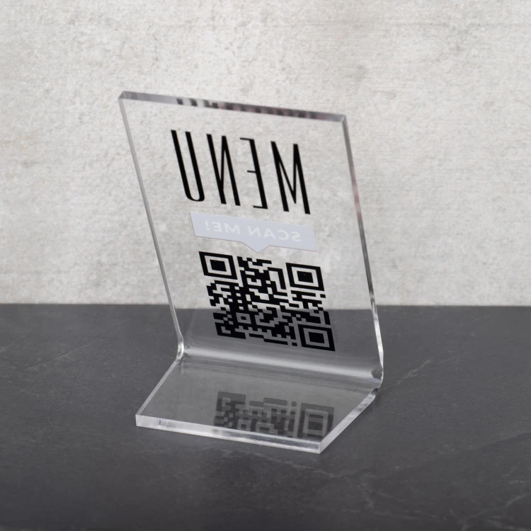 Stojaczek Menu z kodem QR - transparentna plexi - wym. 55x90mm - ST053