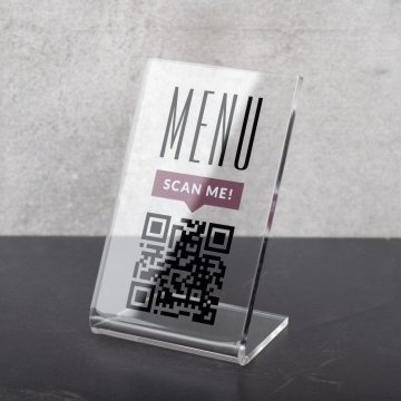 Stojaczek Menu z kodem QR - transparentna plexi - wym. 55x90mm - ST053