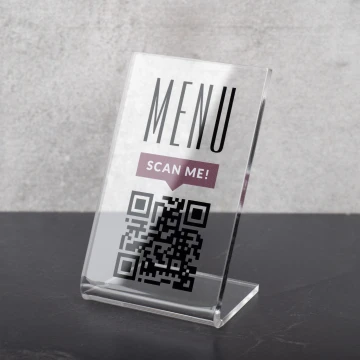 Stojaczek Menu z kodem QR - transparentna plexi - wym. 55x90mm - ST053