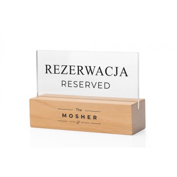 Stojak rezerwacja - bezbarwna plexi na drewnianym postumencie - ST039