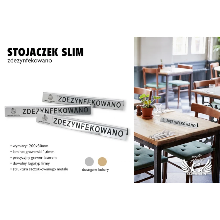 Stojaczek slim zdezynfekowano z dowolnym logotypem - laminat grawerski metalizowany i szczotkowany - ST014