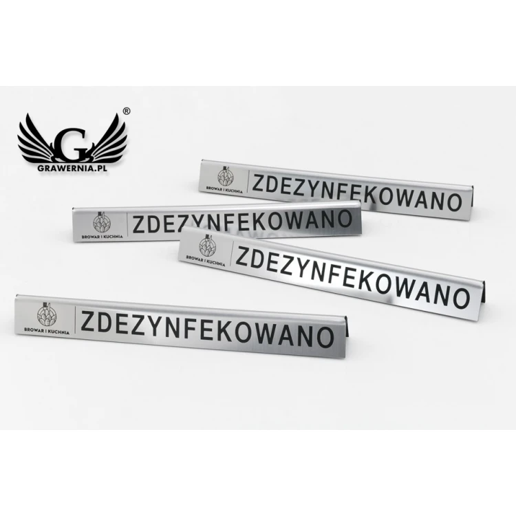 Stojaczek slim zdezynfekowano z dowolnym logotypem - laminat grawerski metalizowany i szczotkowany - ST014