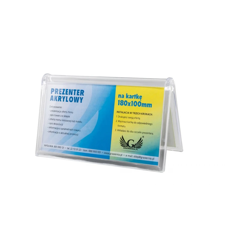 Stojak, ekspozytor plastikowy na kartkę o wym. 180x100mm - model PR018