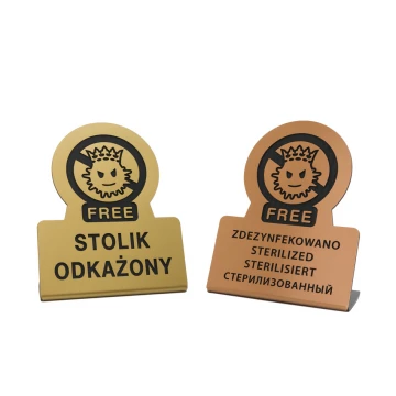 Stojak informacyjny na stolik zdezynfekowano, odkażono - do mycia w zmywarce temp. max 80°C - ST005