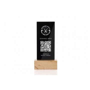 Stojak informacyjny z kodem QR - czarna plexi na drewnianym postumencie - ST027