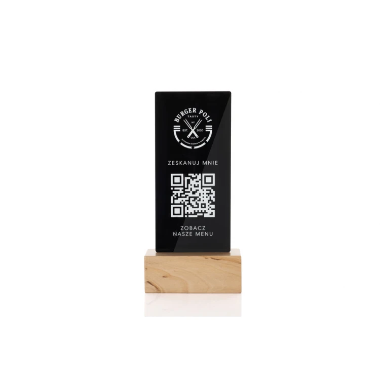 Stojak informacyjny z kodem QR - czarna plexi na drewnianym postumencie - ST027