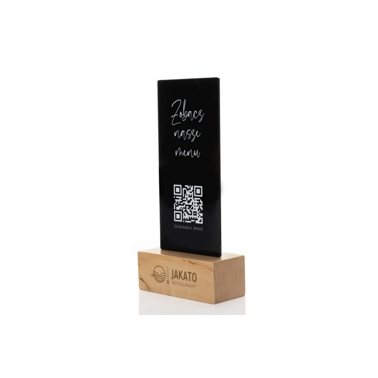 Stojak informacyjny z kodem QR - czarna plexi na drewnianym postumencie - ST030