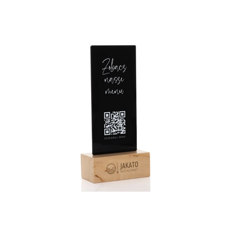 Stojak informacyjny z kodem QR - czarna plexi na drewnianym postumencie - ST030