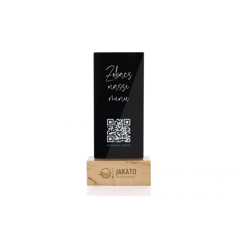 Stojak informacyjny z kodem QR - czarna plexi na drewnianym postumencie - ST030