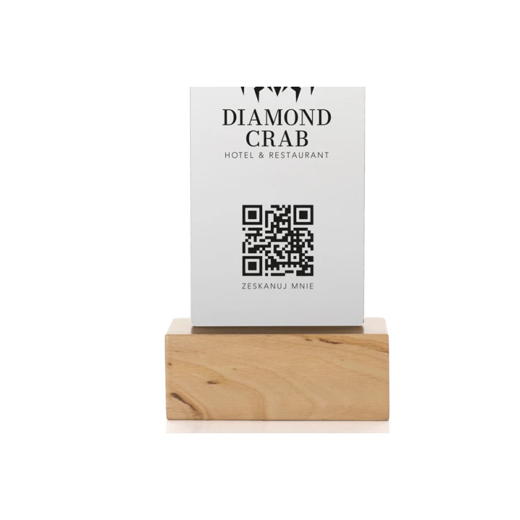 Stojak informacyjny z kodem QR - matowa plexi na drewnianym postumencie - ST031