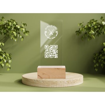 Stojak informacyjny z kodem QR - bezbarwna plexi na drewnianym postumencie - ST033