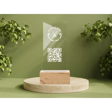 Stojak informacyjny z kodem QR - bezbarwna plexi na drewnianym postumencie - ST033