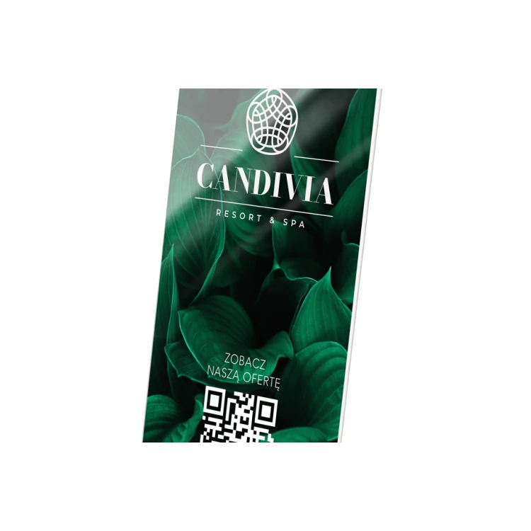 Stojak informacyjny z kodem QR - bezbarwna plexi na drewnianym postumencie - ST034
