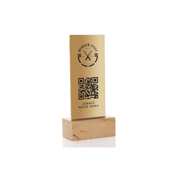 Stojak informacyjny z kodem QR - złota plexi na drewnianym postumencie - ST049