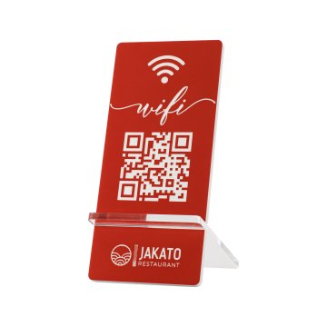 Stojak informacyjny z kodem QR - czerwony laminat grawerski - wym. 50x110mm - ST059